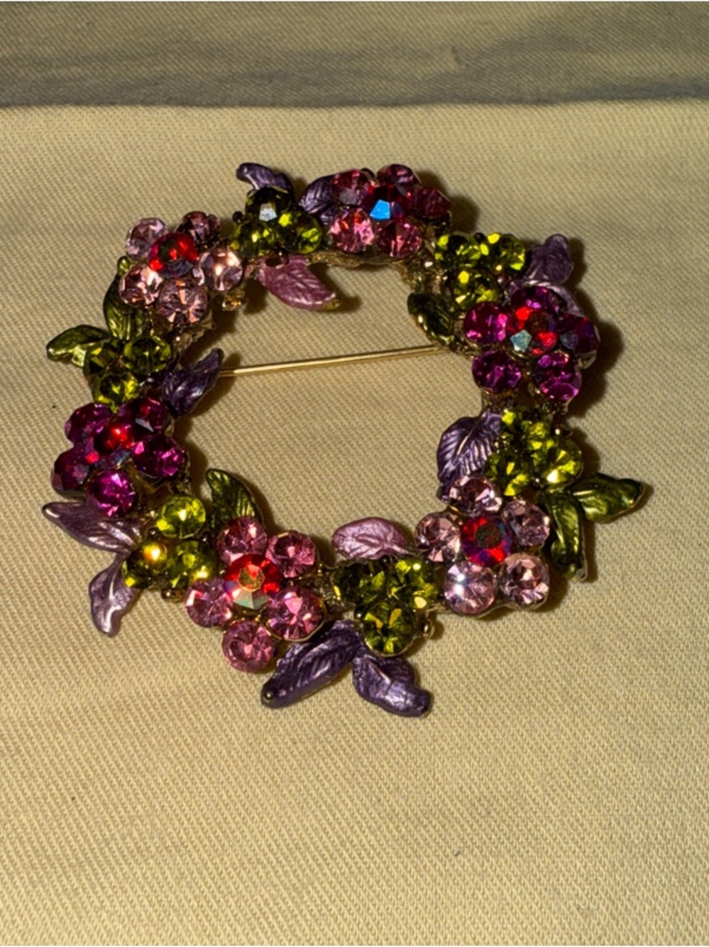 Vibrant Floral Crystal Wreath Brooch in Pink, Purple & Green
